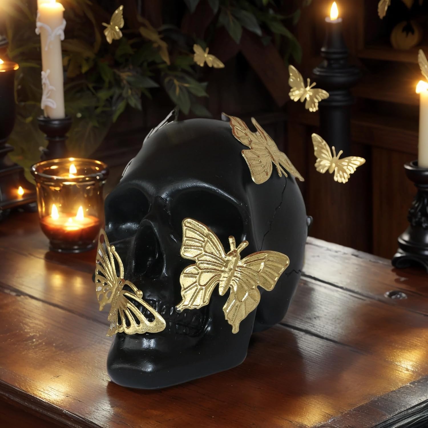 Black Skull Statue with Gold Butterfly Halloween Decor Collectible Figurine