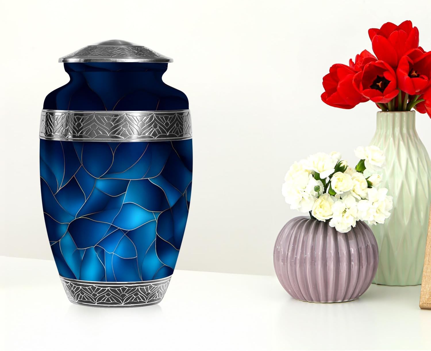 Blue Urn for Human Ashes - Extra Large Cremation Urn with Velvet Bag