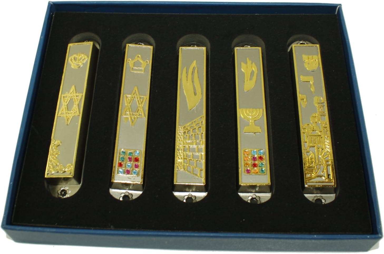 Holy Land Market Set of 5 Pewter Mezuzahs with Gold Plated Symbols and Scrolls