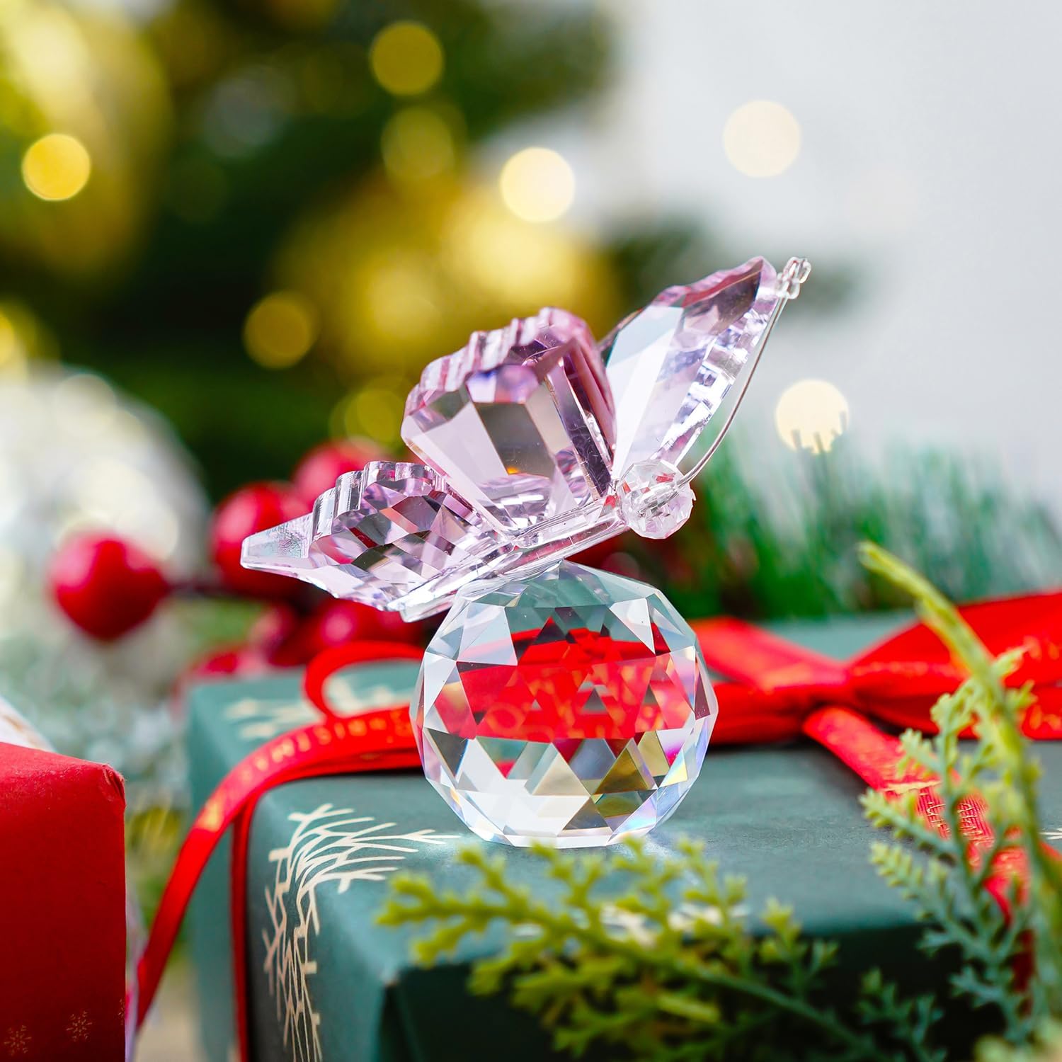 HD Pink Crystal Butterfly Figurine with Crystal Ball Base