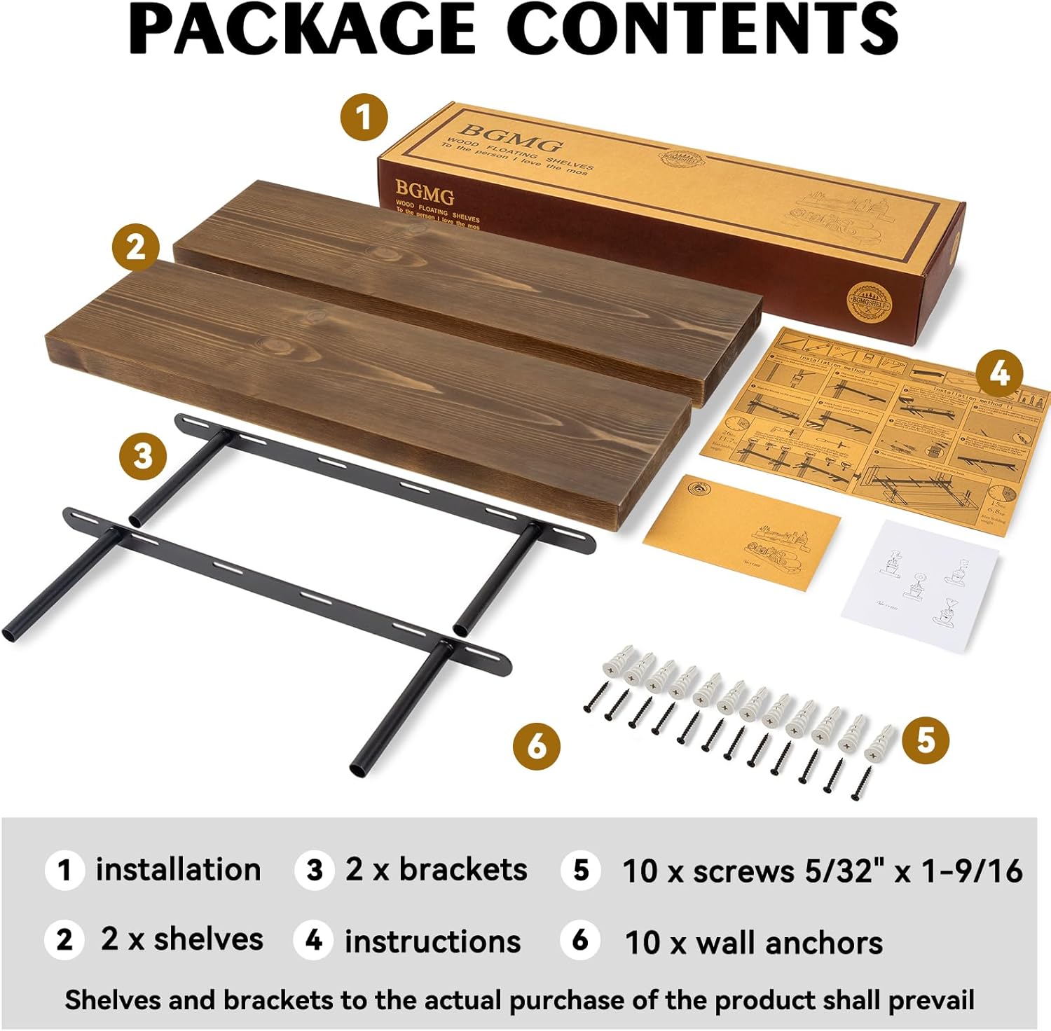 BGMG 24 Inch Floating Shelf Set of 2 Walnut Rustic Wall Shelves for Home Use