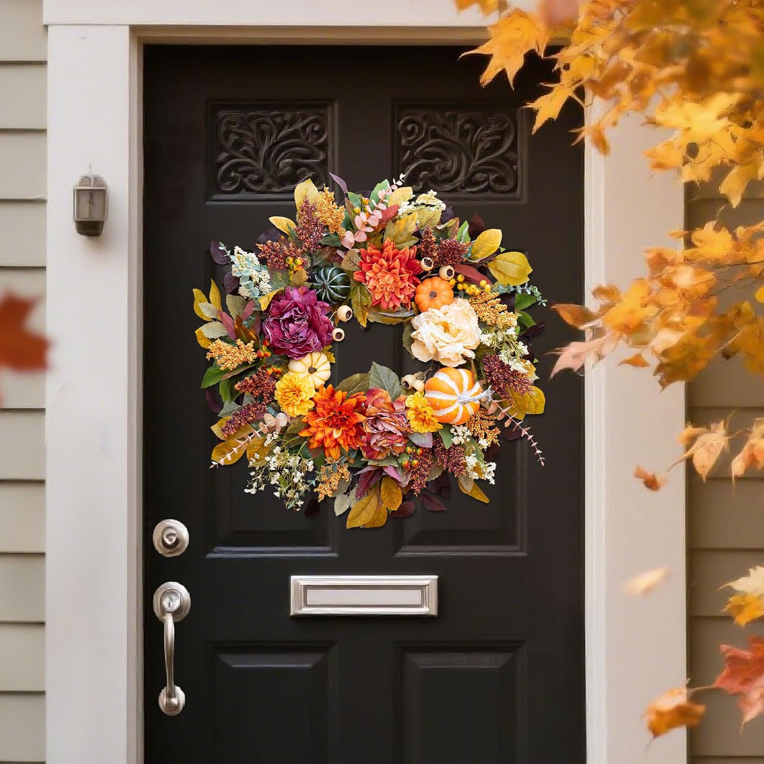 24-Inch Fall Wreath for Front Door with Pumpkins and Artificial Flowers