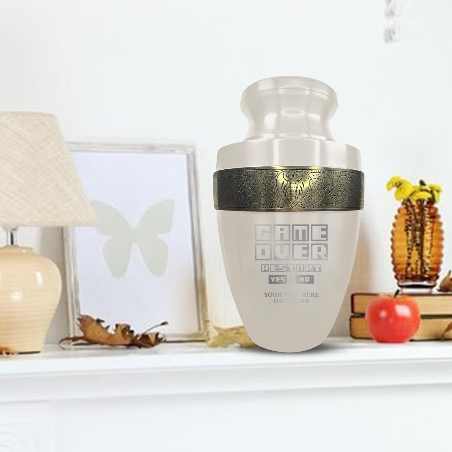 Personalized Gaming Urn with Custom Name and Date 200 Lbs Capacity Gold Rim Design White Color Game Over 3