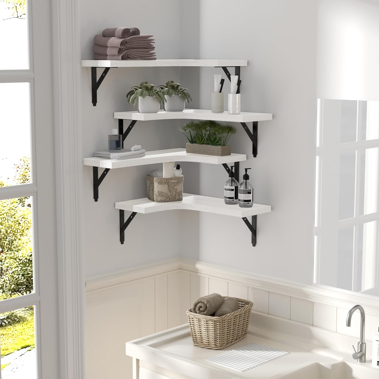 Corner Floating Shelves Set of 4 White Rustic Wood Storage Display Wall Shelves