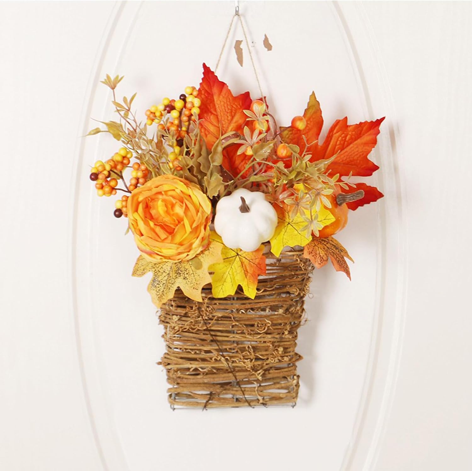 Autumn Peony Pumpkin Wall Hanging Basket for Fall Decor