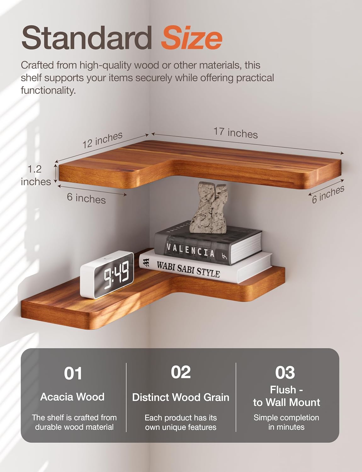 BATODA Acacia Wood Corner Floating Shelves Set of 2