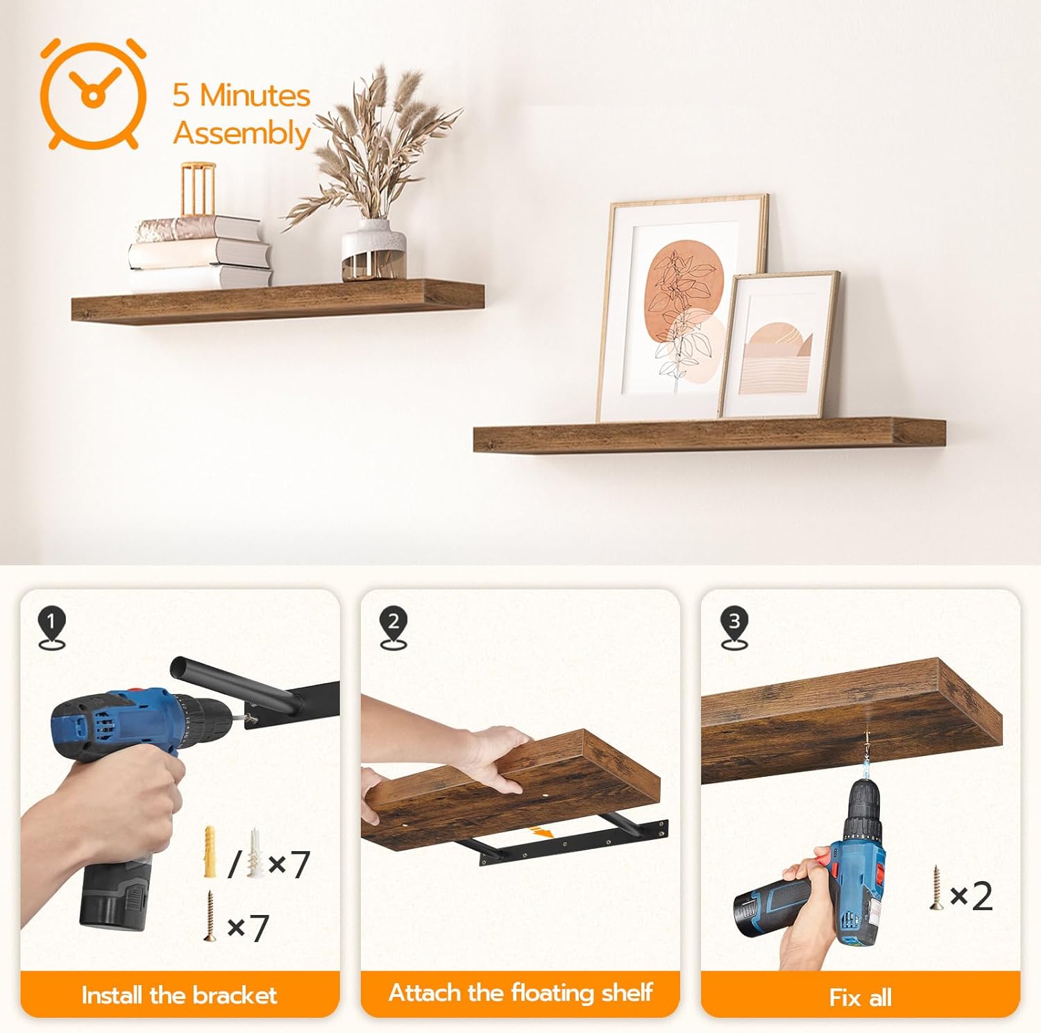 HOOBRO Floating Shelves Wall Mount Set of 2 315 Inch Rustic Brown