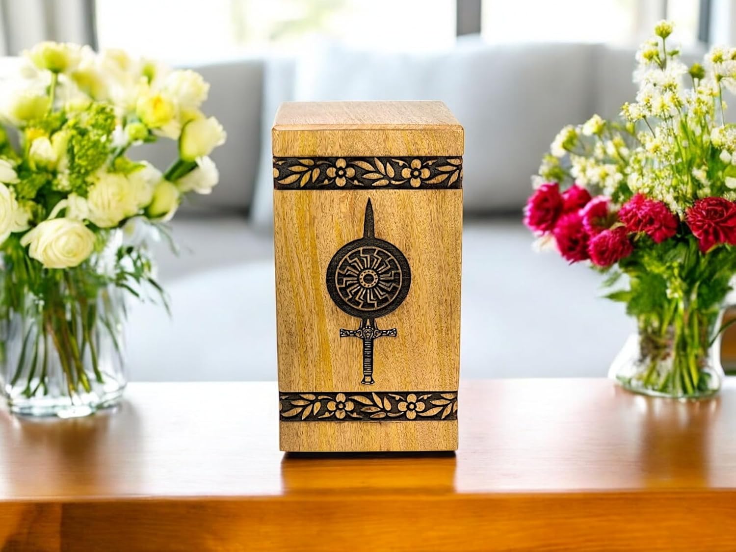 Handcrafted Wooden Cremation Urn with Warrior Engraved Design