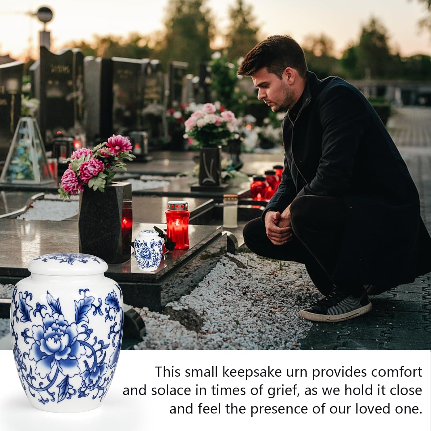 Exquisite Blue and White Porcelain Cremation Urn with Box