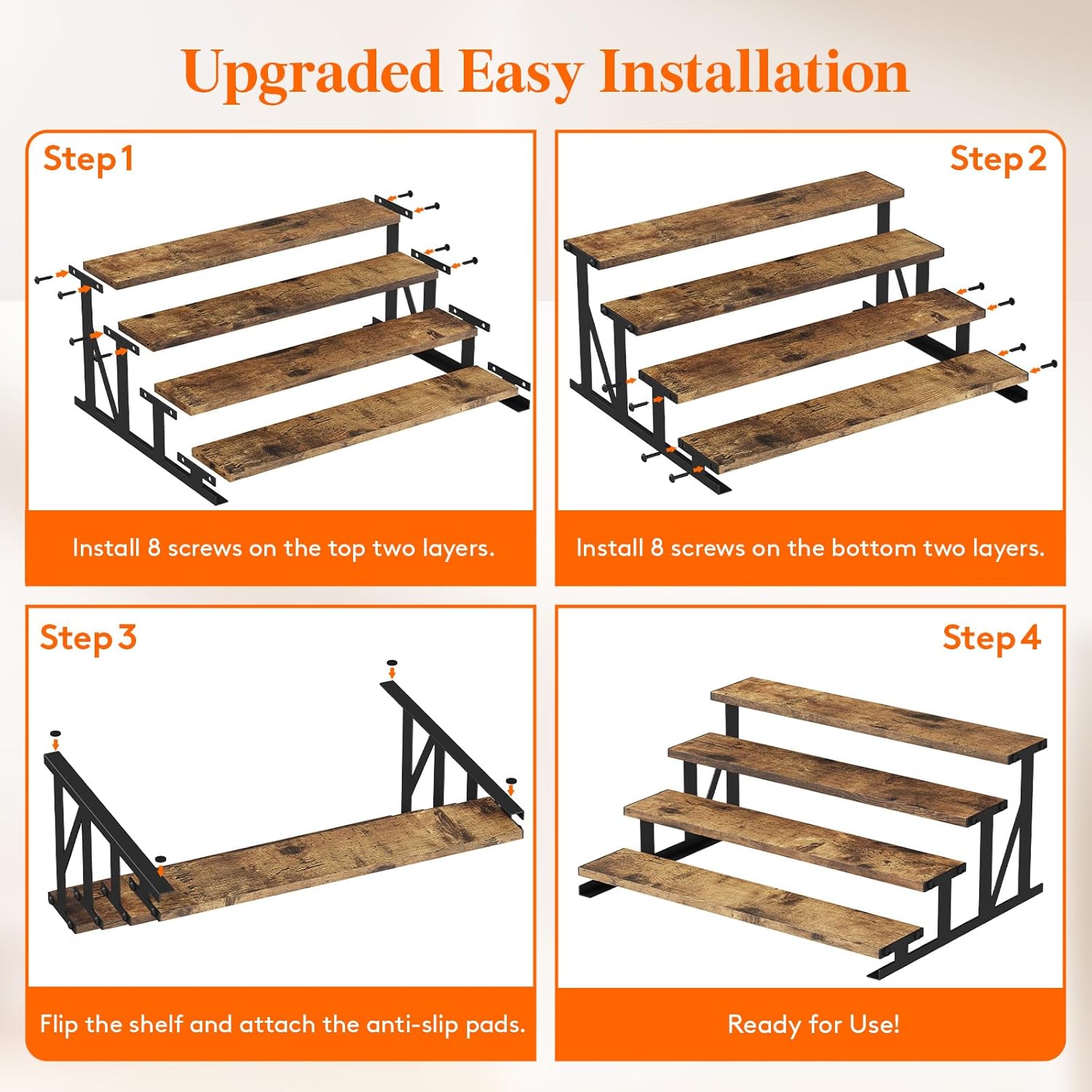 Lifewit 4-Tier Wooden Display Riser with Metal Stand Rustic Brown