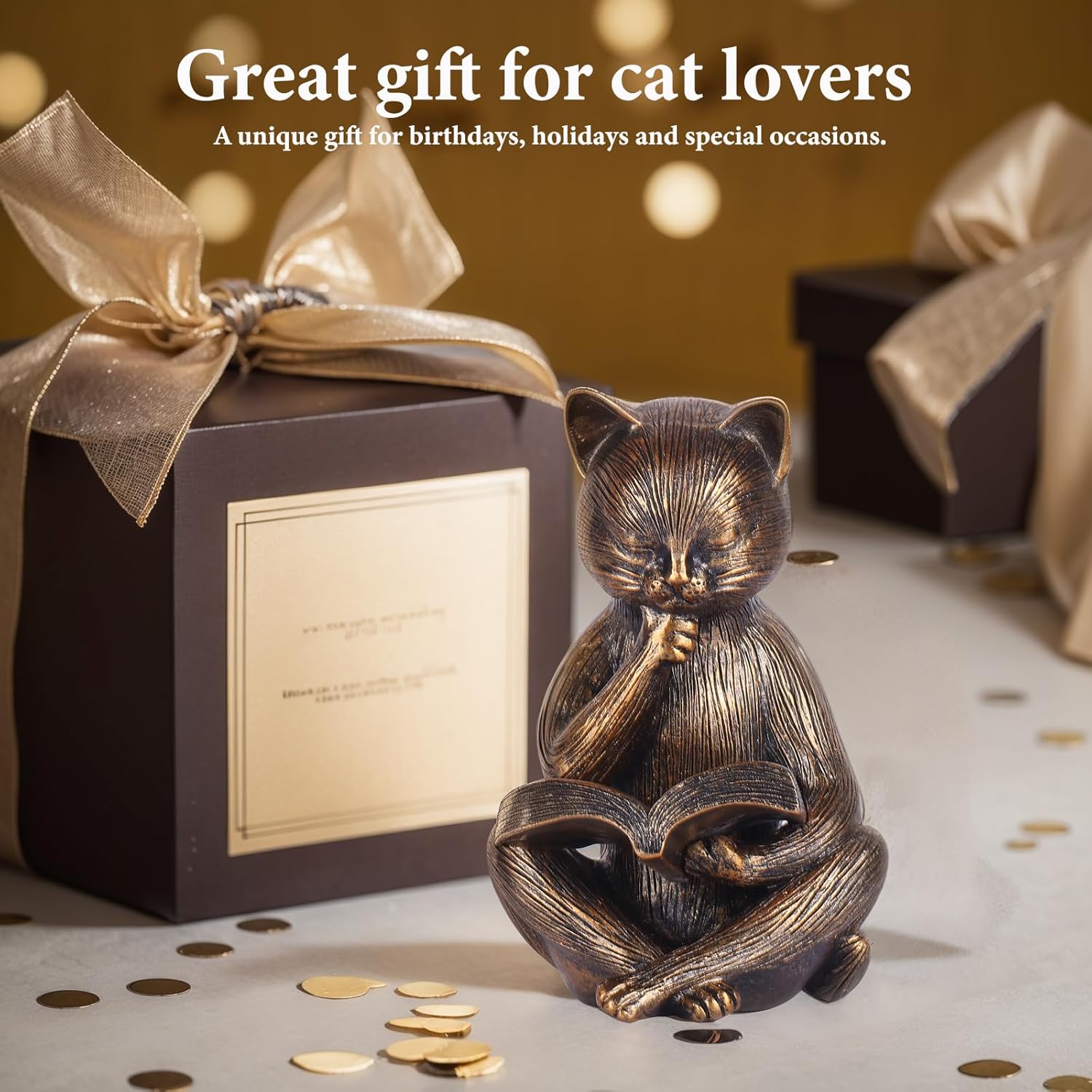 Reading Cat Figurine 64 In Bronze Decor Sculpture