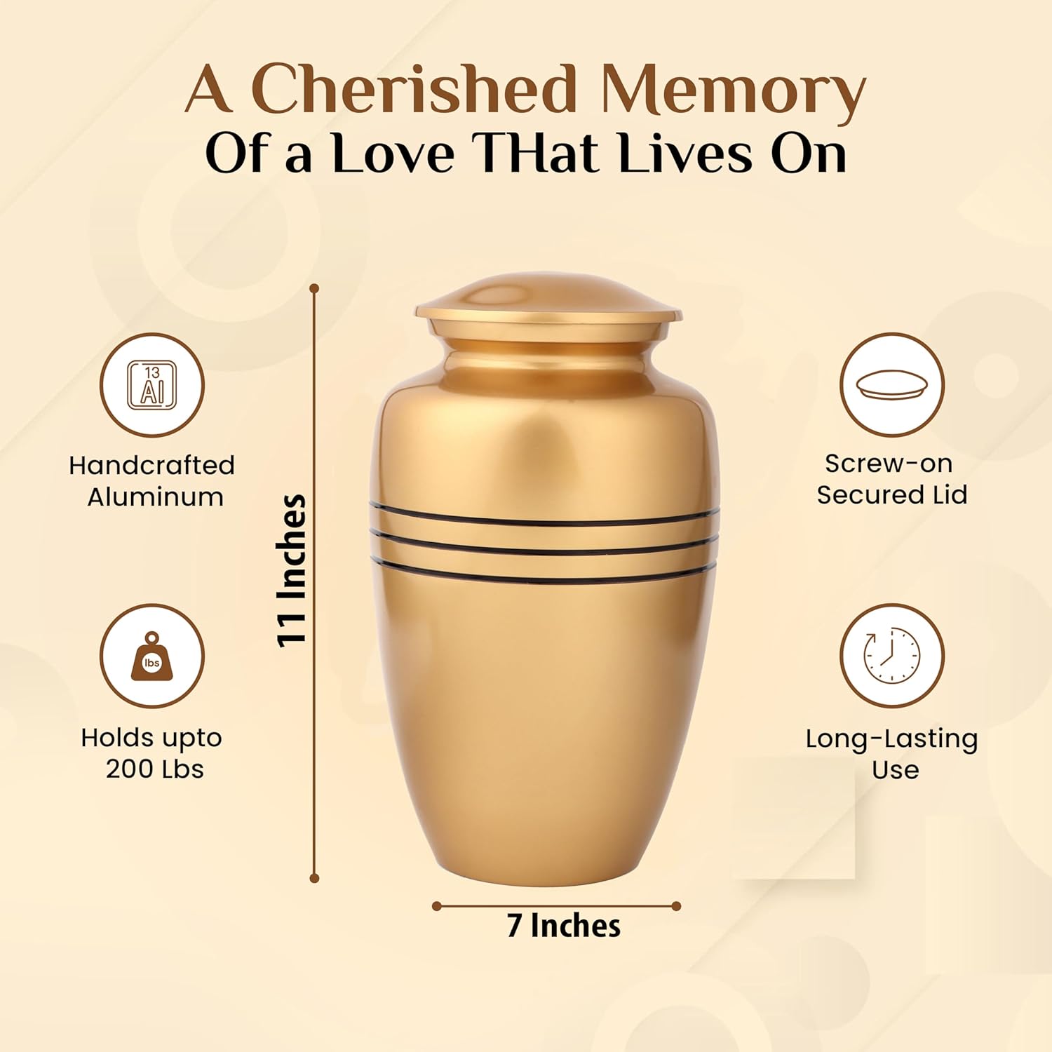 11 Inch Gold Black Cremation Urn for Adult
