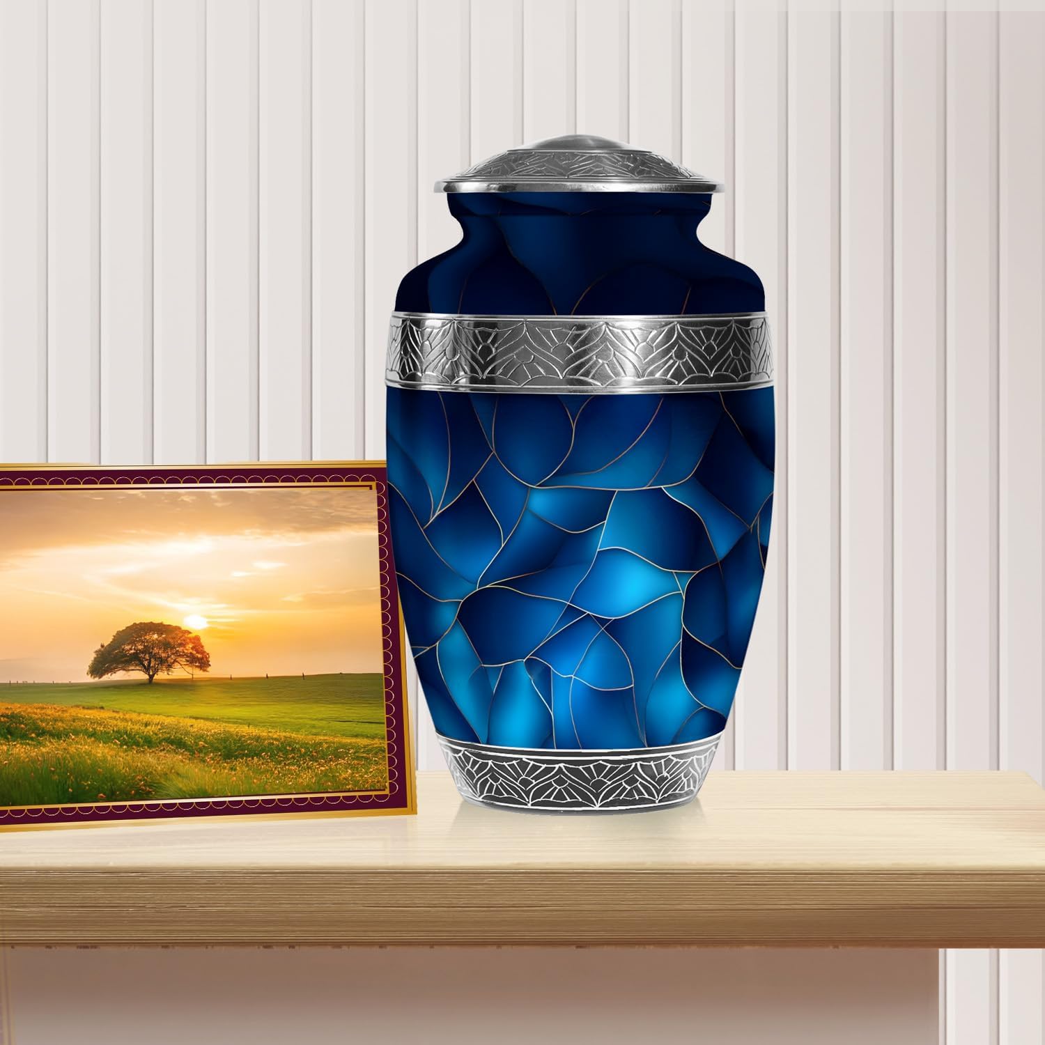 Blue Urn for Human Ashes - Extra Large Cremation Urn with Velvet Bag