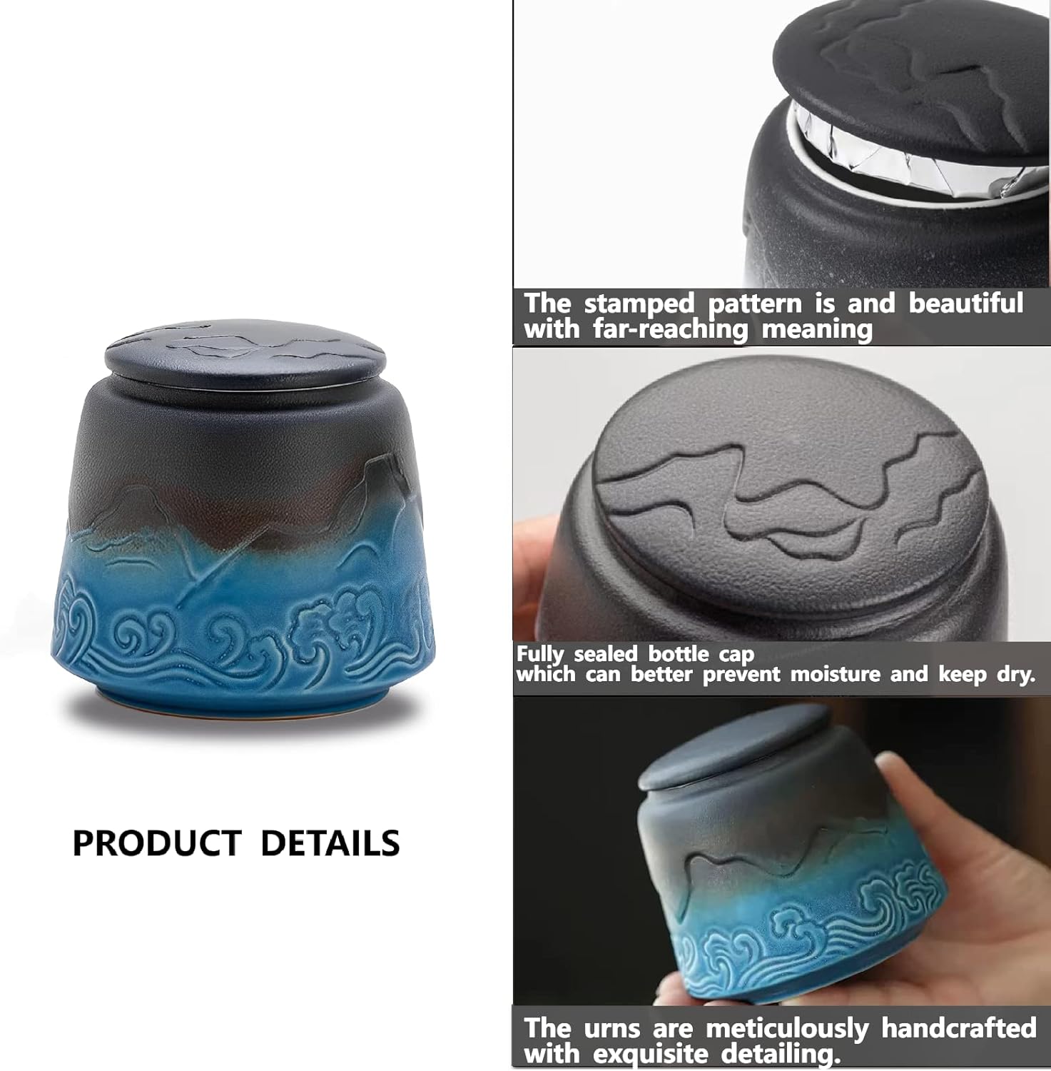 Small Urn for Human Ashes - Black Blue Gradient 33 Inches Ceramic Urn