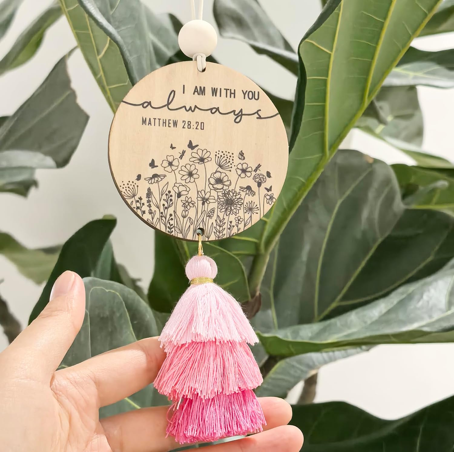 Christian Car Charm with Tassel - Pink