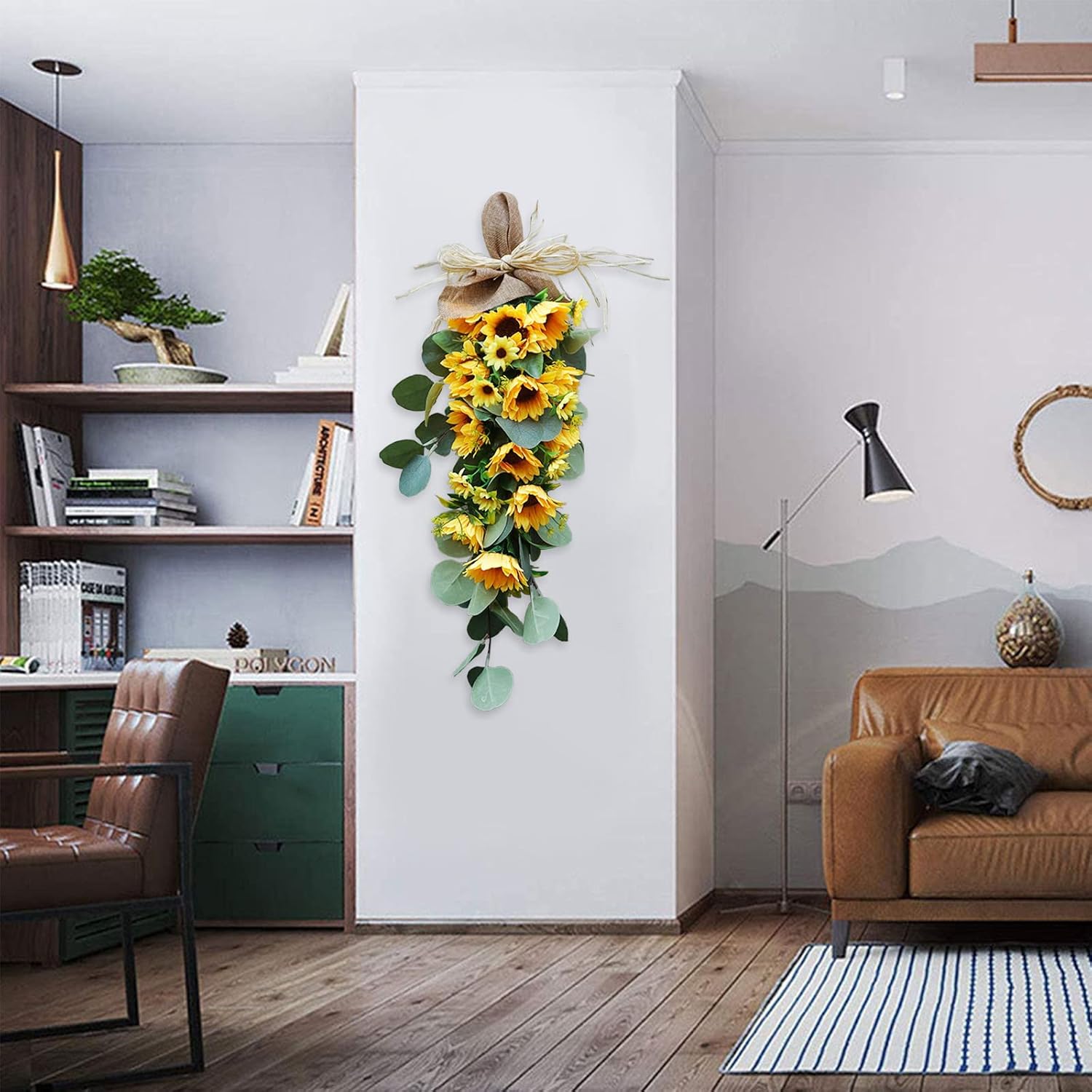 GWOKWAI 2Pcs Artificial Sunflower Teardrop Swag 236In Spring Decor Wreath for Front Door Holiday Wall Hanging