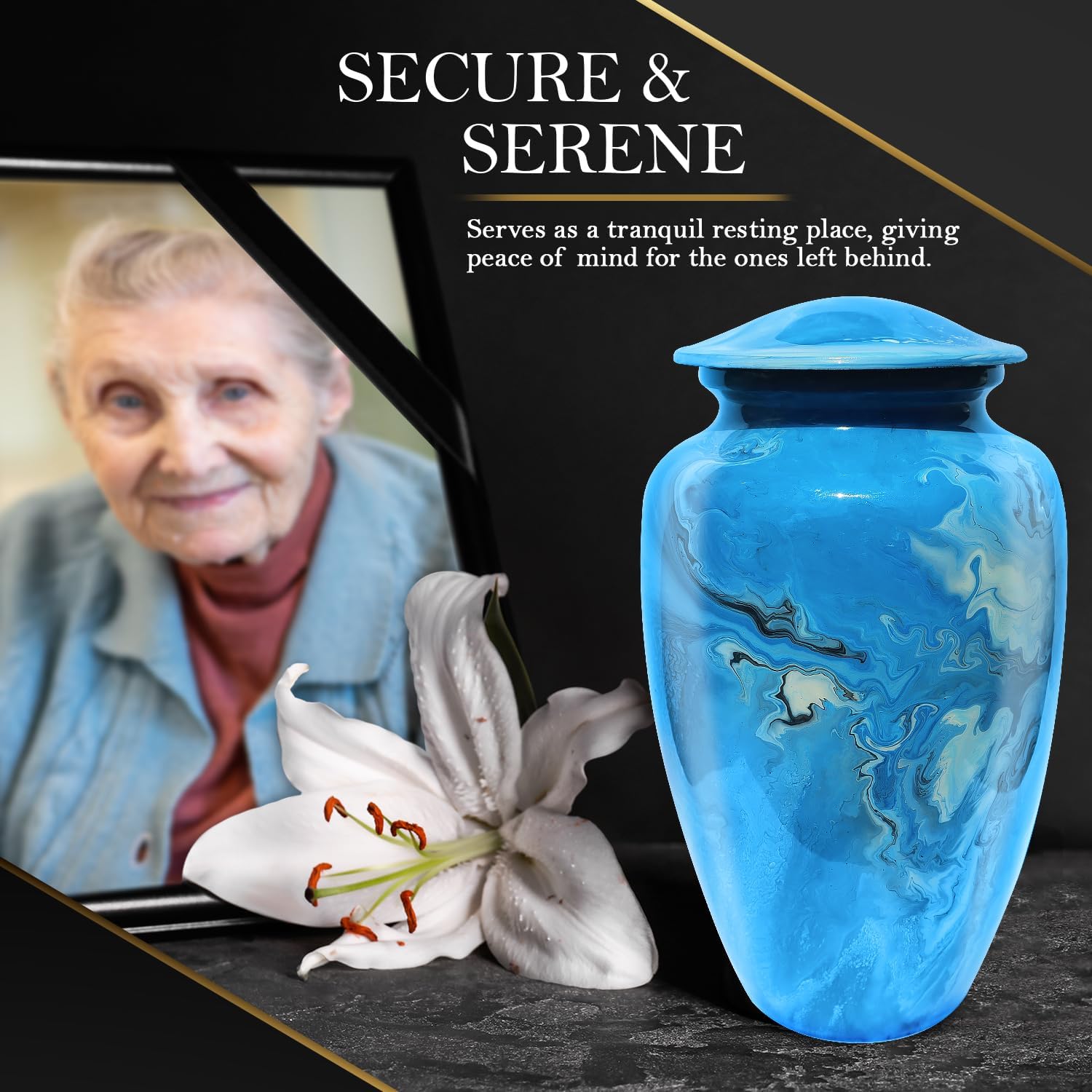 Cremation Urn for Human Ashes - Decorative Blue Marble Aluminum Urn with Velvet Bag