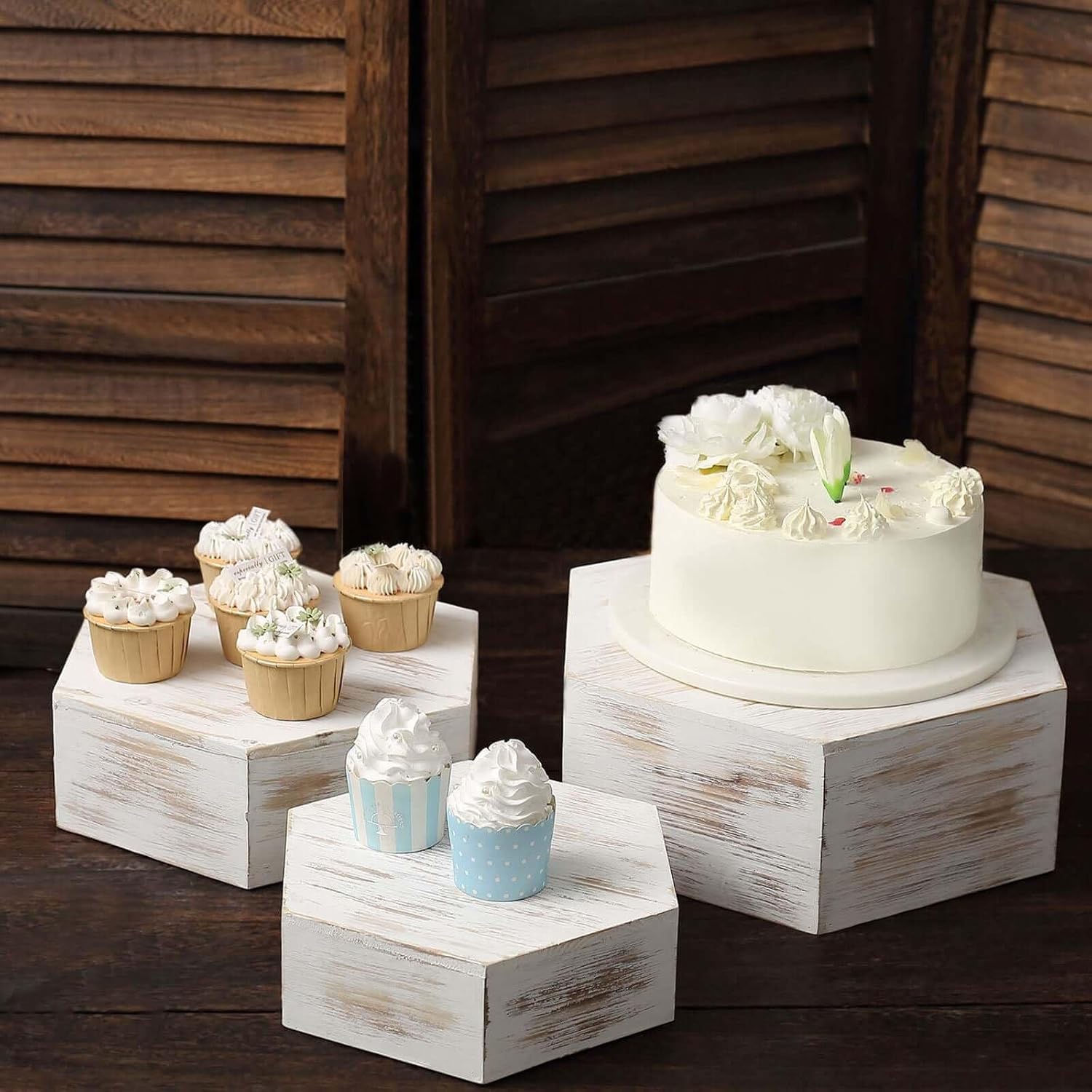 Efavormart Set of 3 Whitewashed Hexagonal Cake Stand Display Boxes