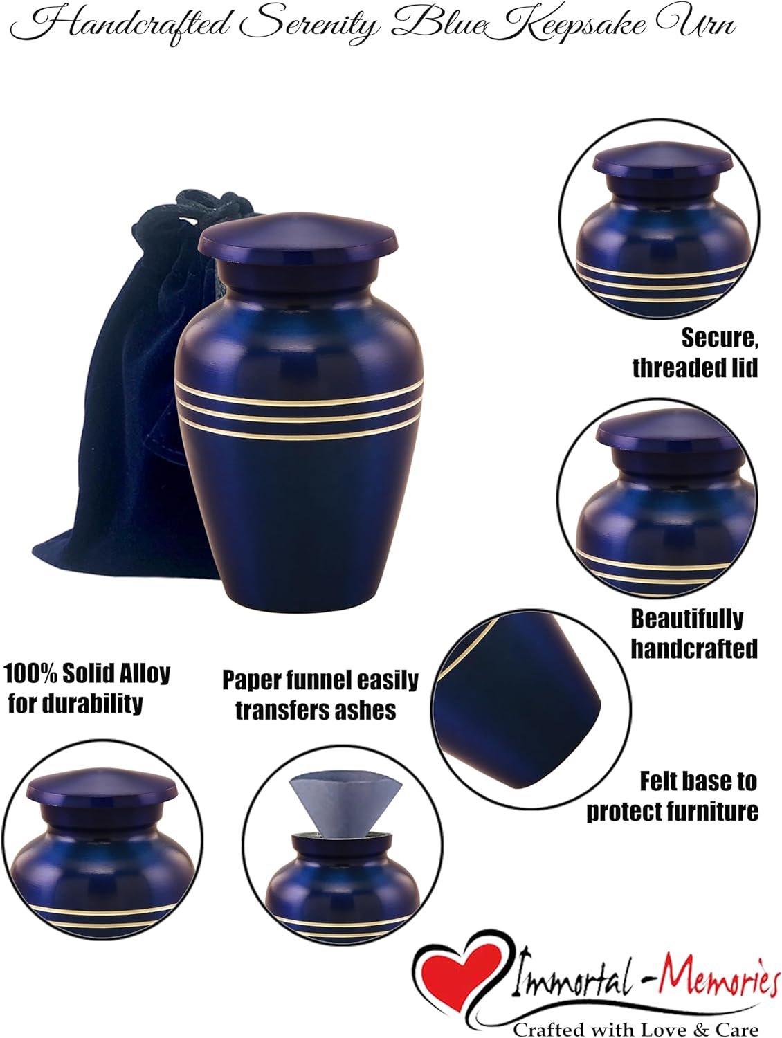 Immortal Memories Serenity Mini Urn for Ashes - Cobalt Blue Velvet Bag