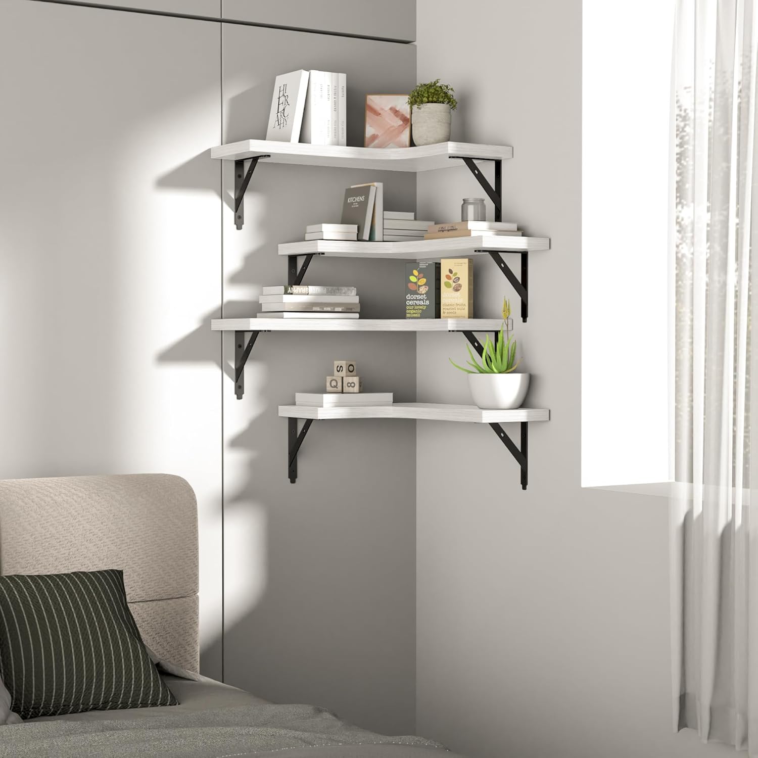 Corner Floating Shelves Set of 4 White Rustic Wood Storage Display Wall Shelves