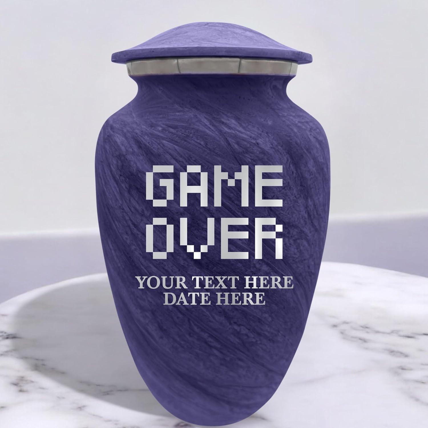 Custom Large Cremation Urn for Ashes - Personalized with Name Game Over Pixel Design 200 Cubic Inch Purple