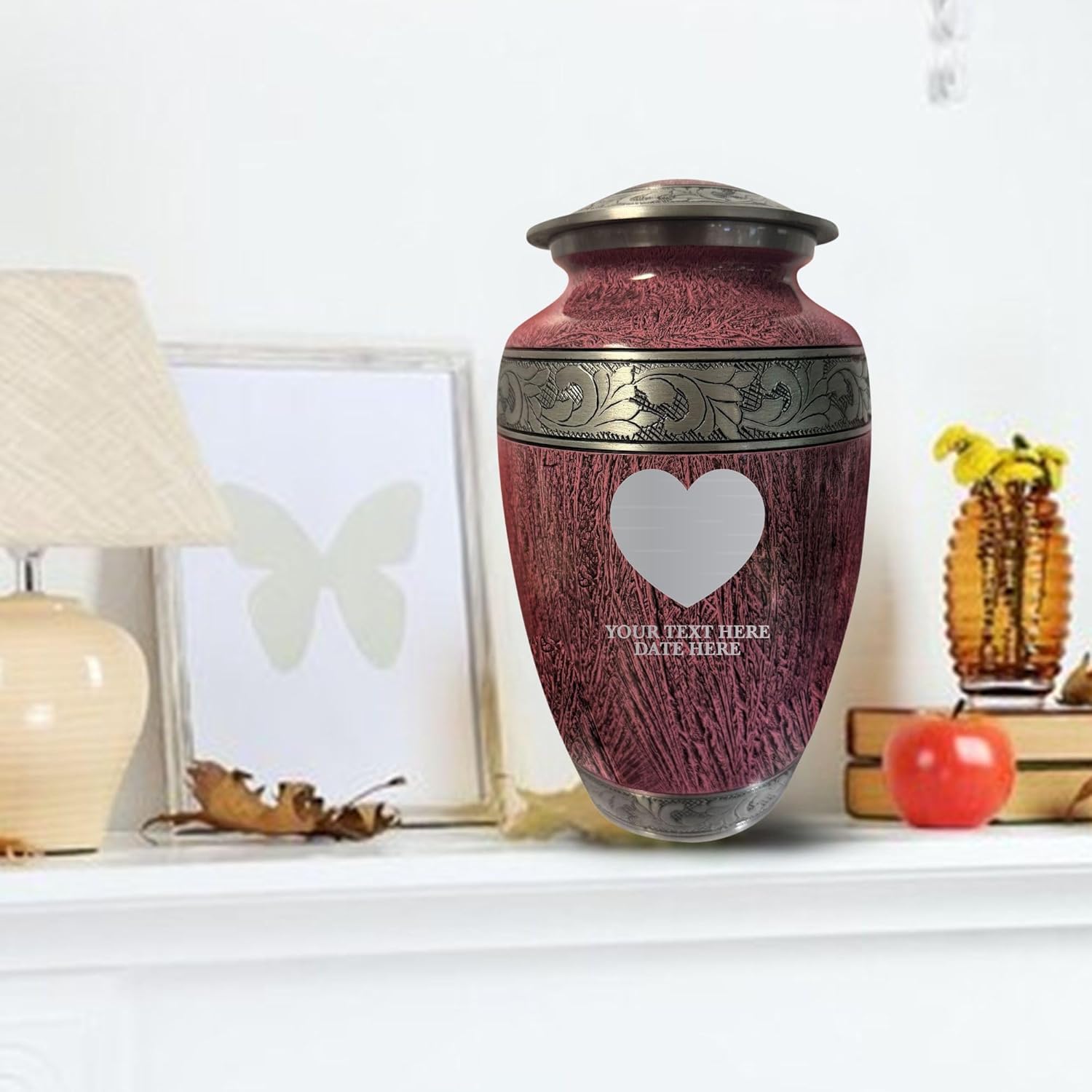 Personalized Distressed Silver Urn for Ashes - Heart Design Cremation Vessel Elevate Collection 200 Cubic Inch