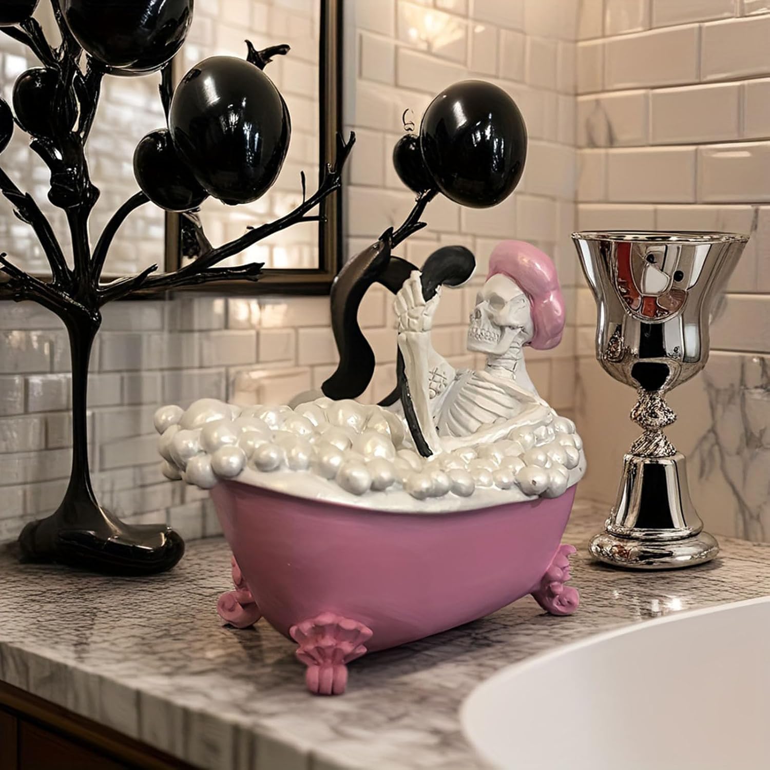 Spooky Skeleton in Pink Bathhtub Decor Figurine