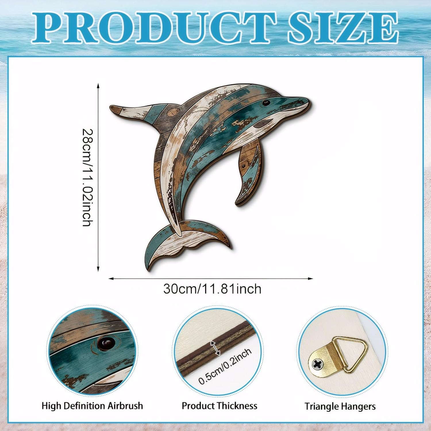 GENHAOTHREE Coastal Sea Turtle Dolphin Wall Art Set - Handcrafted Wooden Ocean Decor for Bathroom Pool Garden and Patio