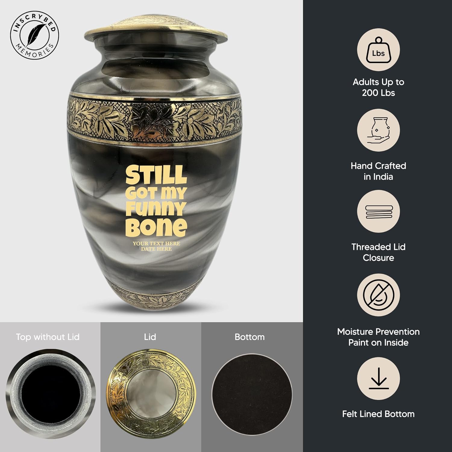 Custom Cremation Urn for Men Women - Gold Engraved Name Dates Funny Bone Design
