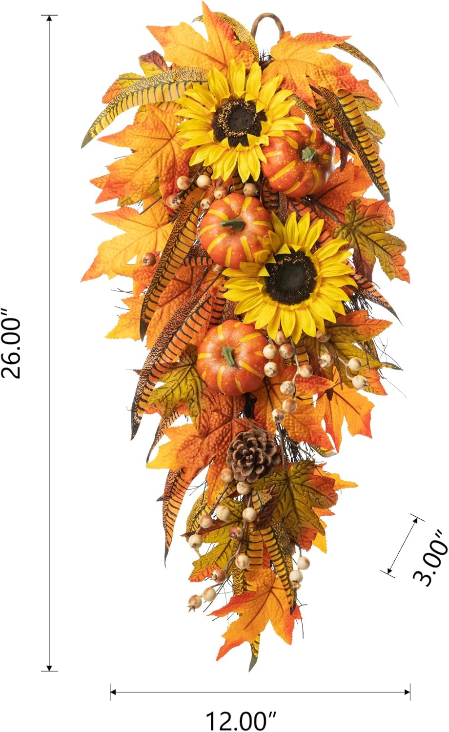 Glitzhome 26 Inch Autumn Sunflower Pumpkin Leaf Swag