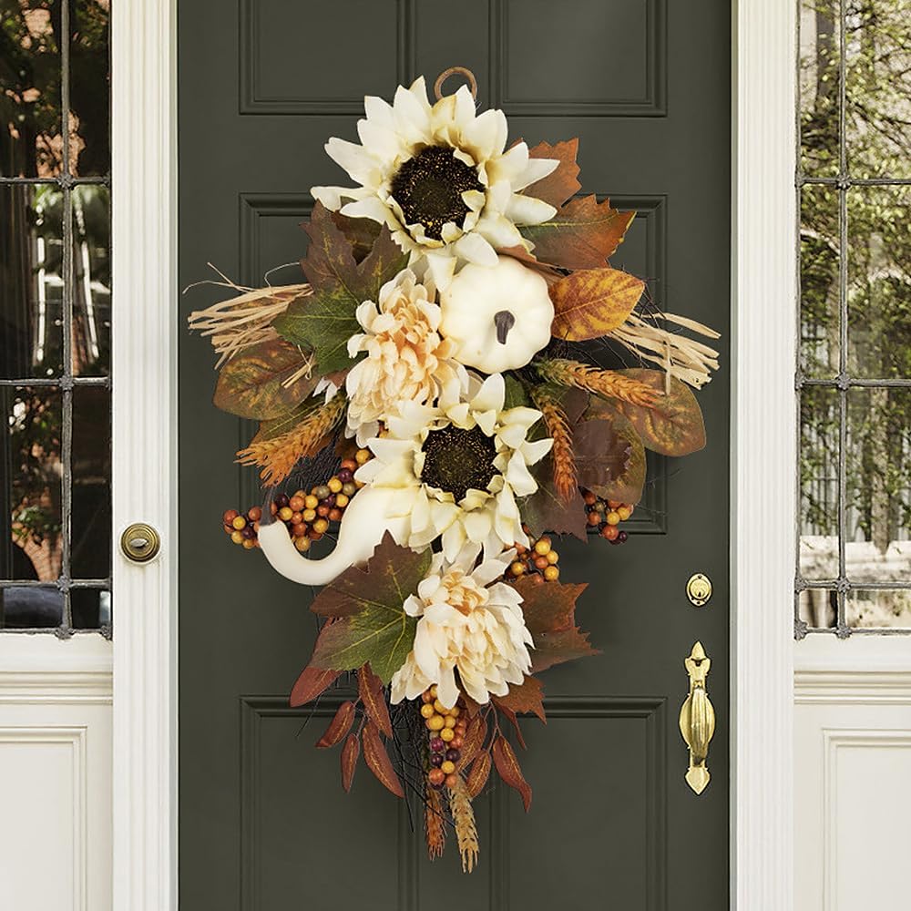 Artificial Fall Teardrop Swag Wreath for Front Door 1