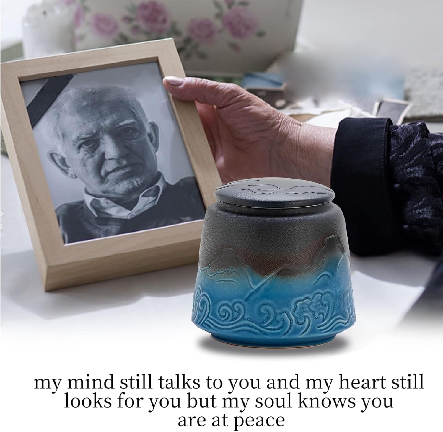 Small Urn for Human Ashes - Black Blue Gradient 33 Inches Ceramic Urn