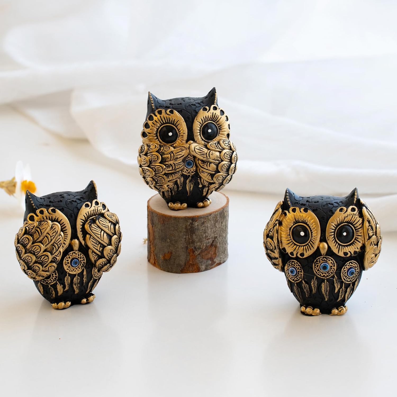 Set of 3 See No Evil Owl Figurines Vintage Black and Gold Design