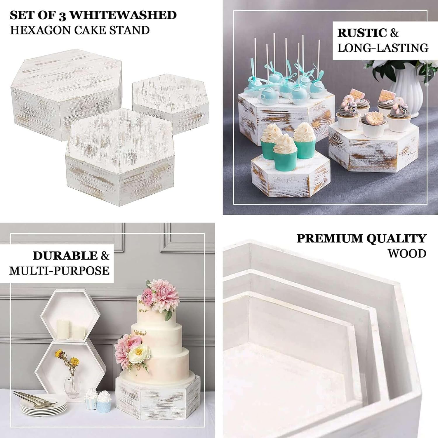 Efavormart Set of 3 Whitewashed Hexagonal Cake Stand Display Boxes