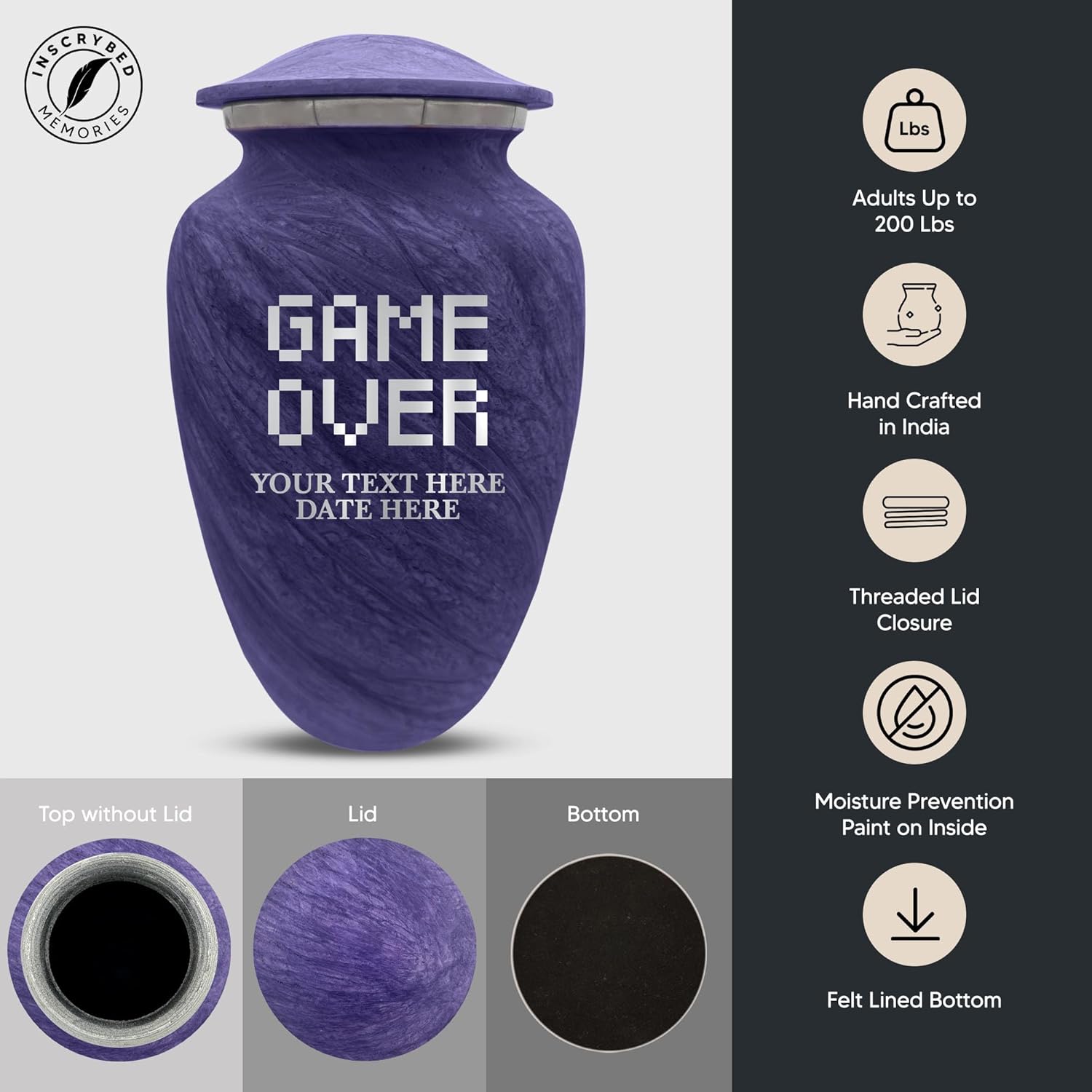 Custom Large Cremation Urn for Ashes - Personalized with Name Game Over Pixel Design 200 Cubic Inch Purple