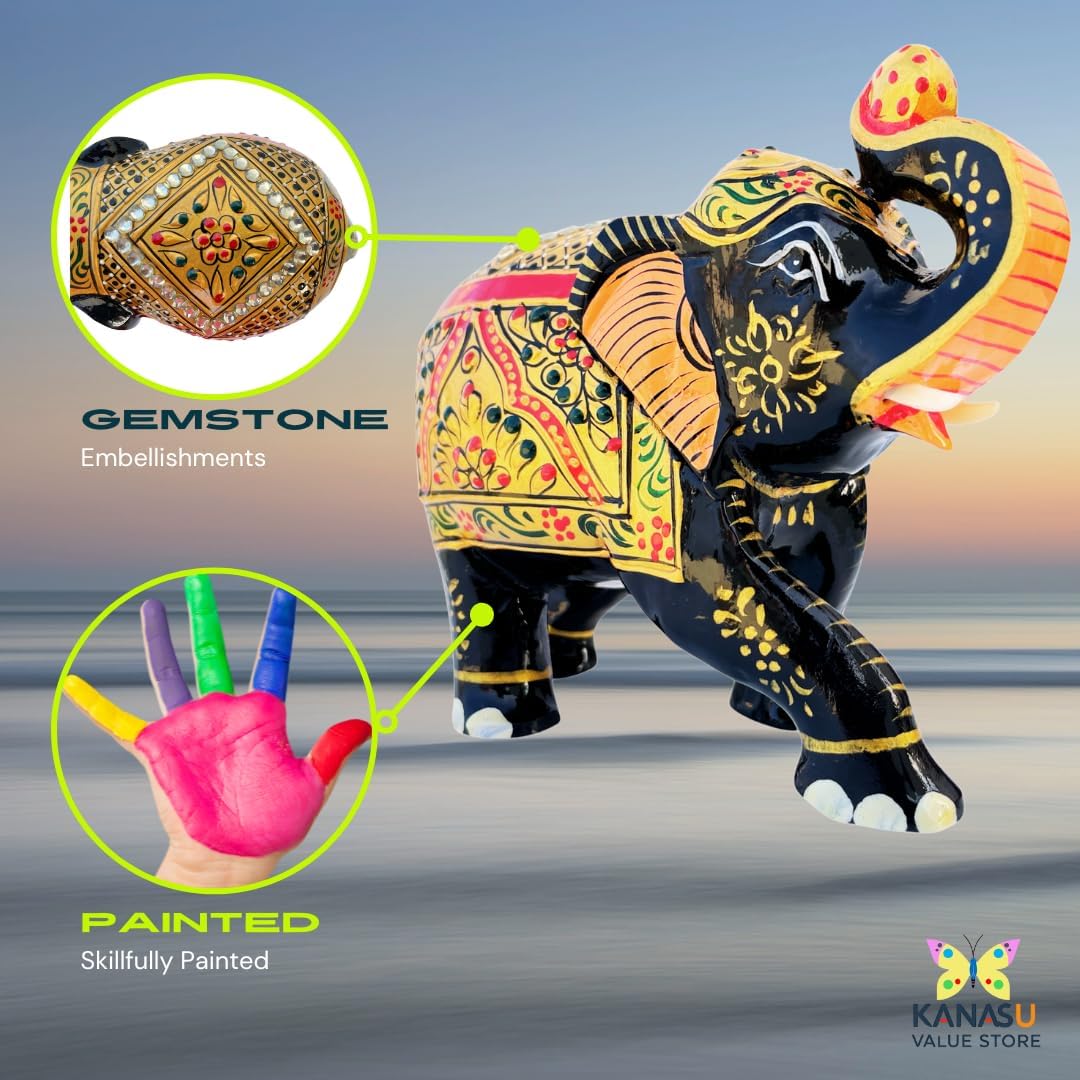 Handcrafted Wooden Elephant Statue with Gold and Gemstone Accents