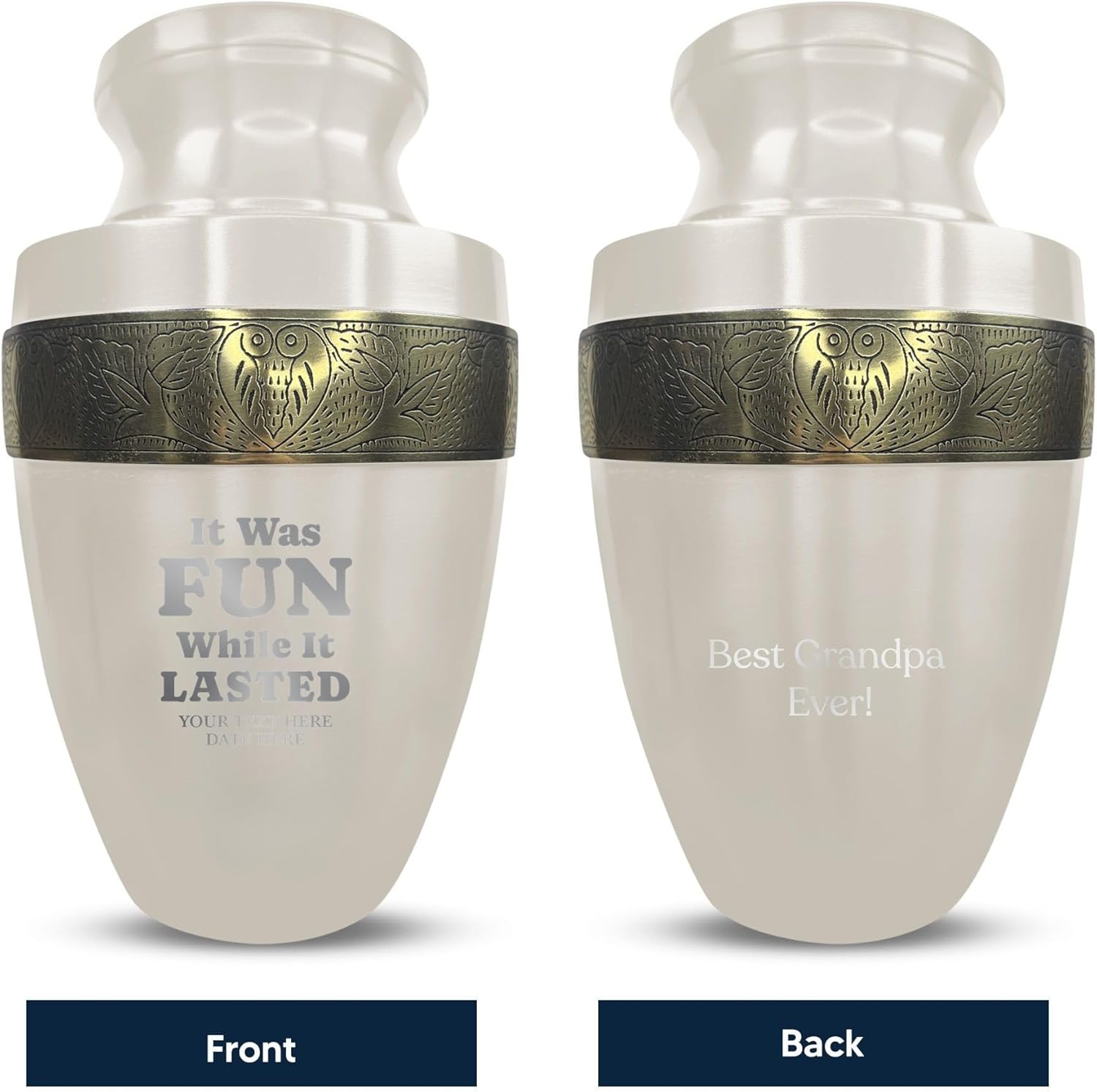 Custom Adult Cremation Urn with Personalized Engraving Elite Dark Humor Series 200 Lbs Capacity White with Gold Rim