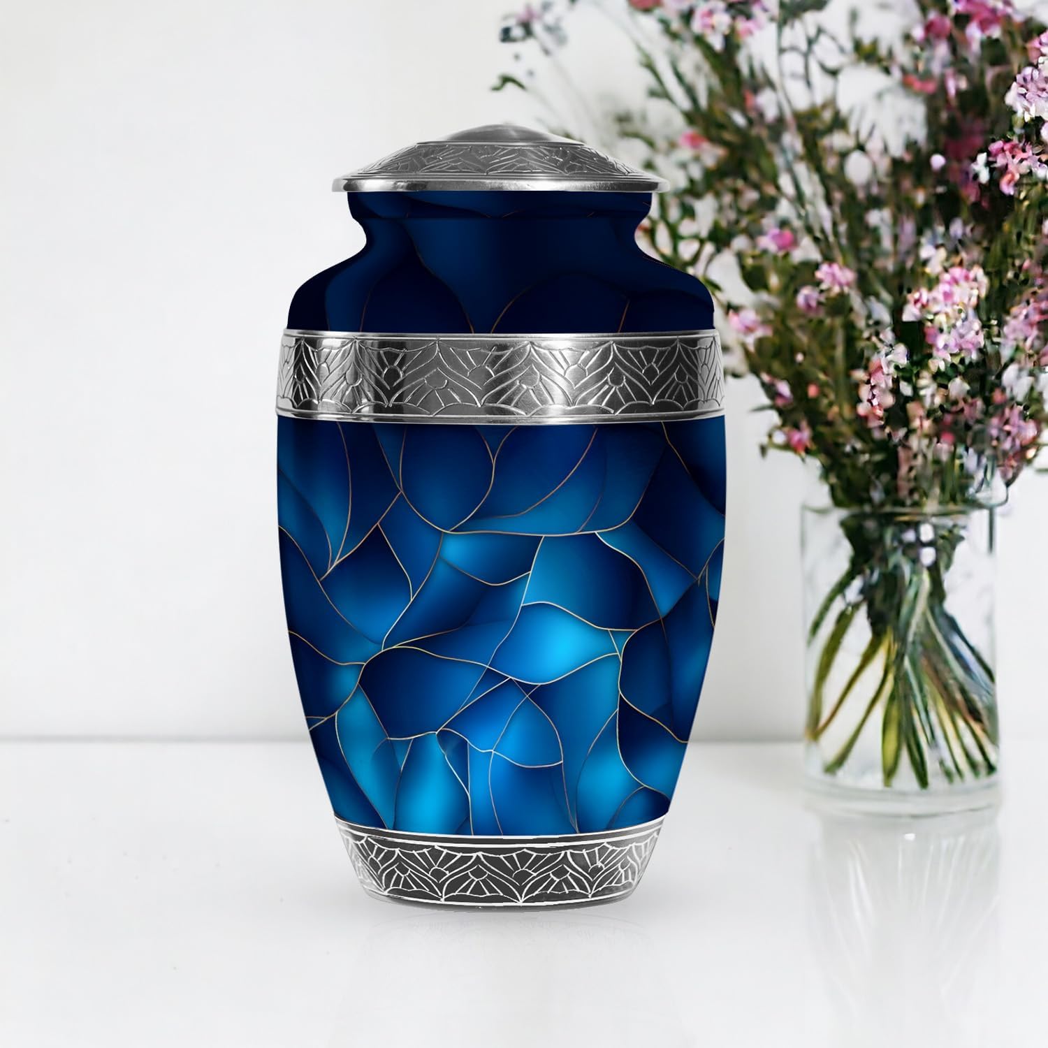 Blue Urn for Human Ashes - Extra Large Cremation Urn with Velvet Bag