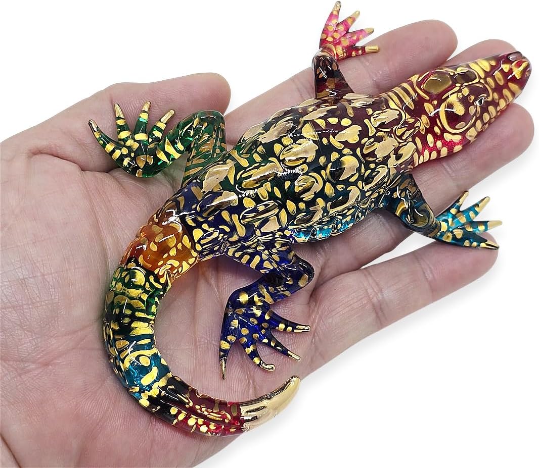 WitnyStore Rainbow Gold Crocodile Figurine - Miniature Hand Blown Glass Decor Collectible