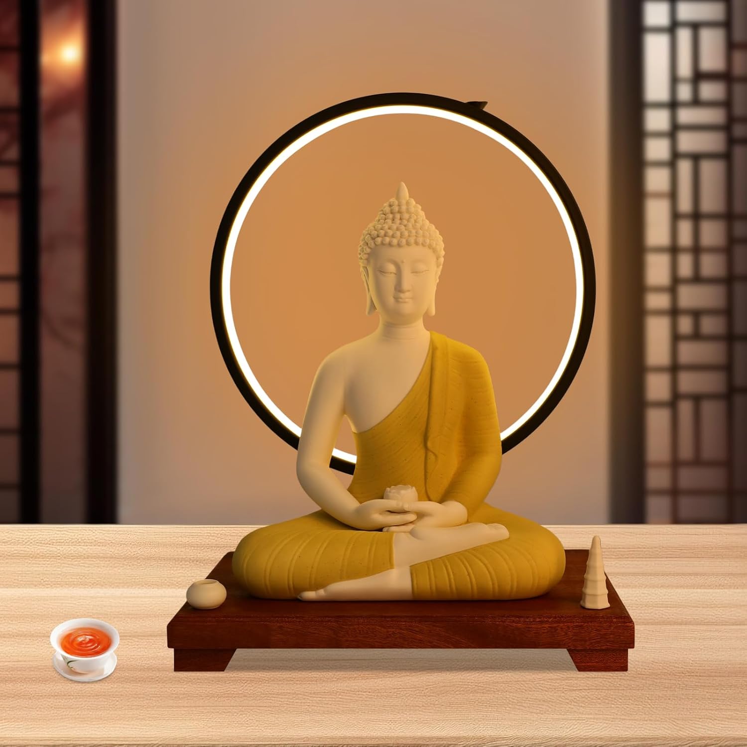 Shakyamuni Buddha Statue with LED Halo and Wooden Base