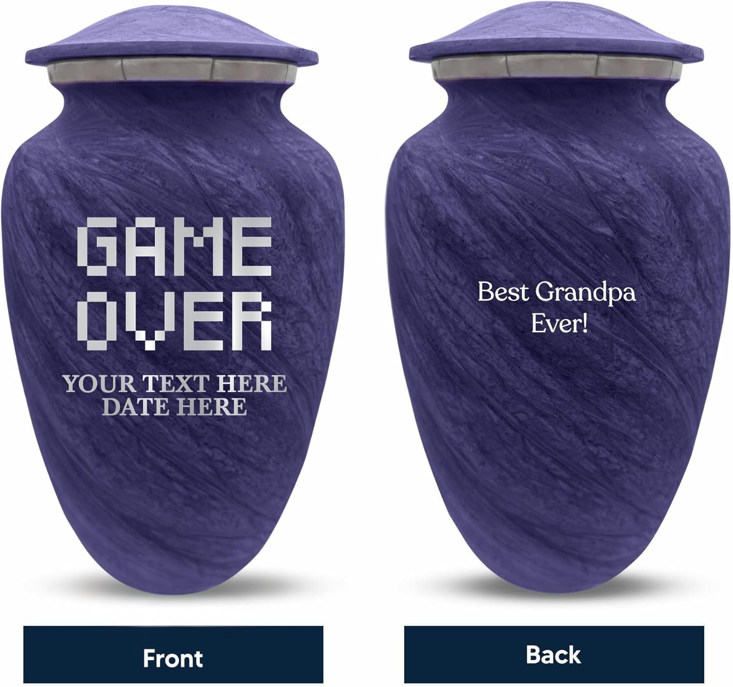 Custom Large Cremation Urn for Ashes - Personalized with Name Game Over Pixel Design 200 Cubic Inch Purple