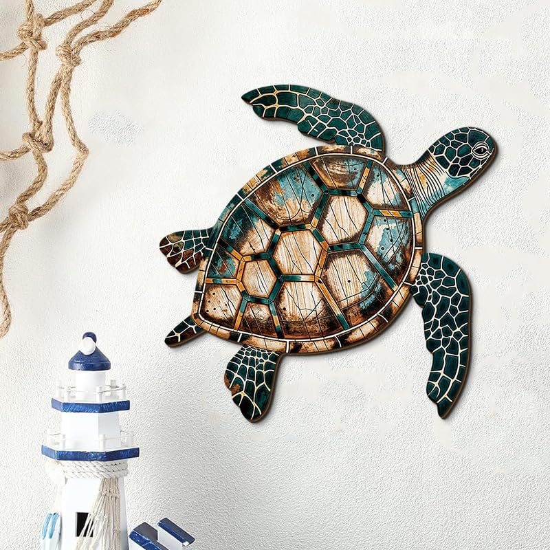 GENHAOTHREE Coastal Sea Turtle Dolphin Wall Art Set - Handcrafted Wooden Ocean Decor for Bathroom Pool Garden and Patio