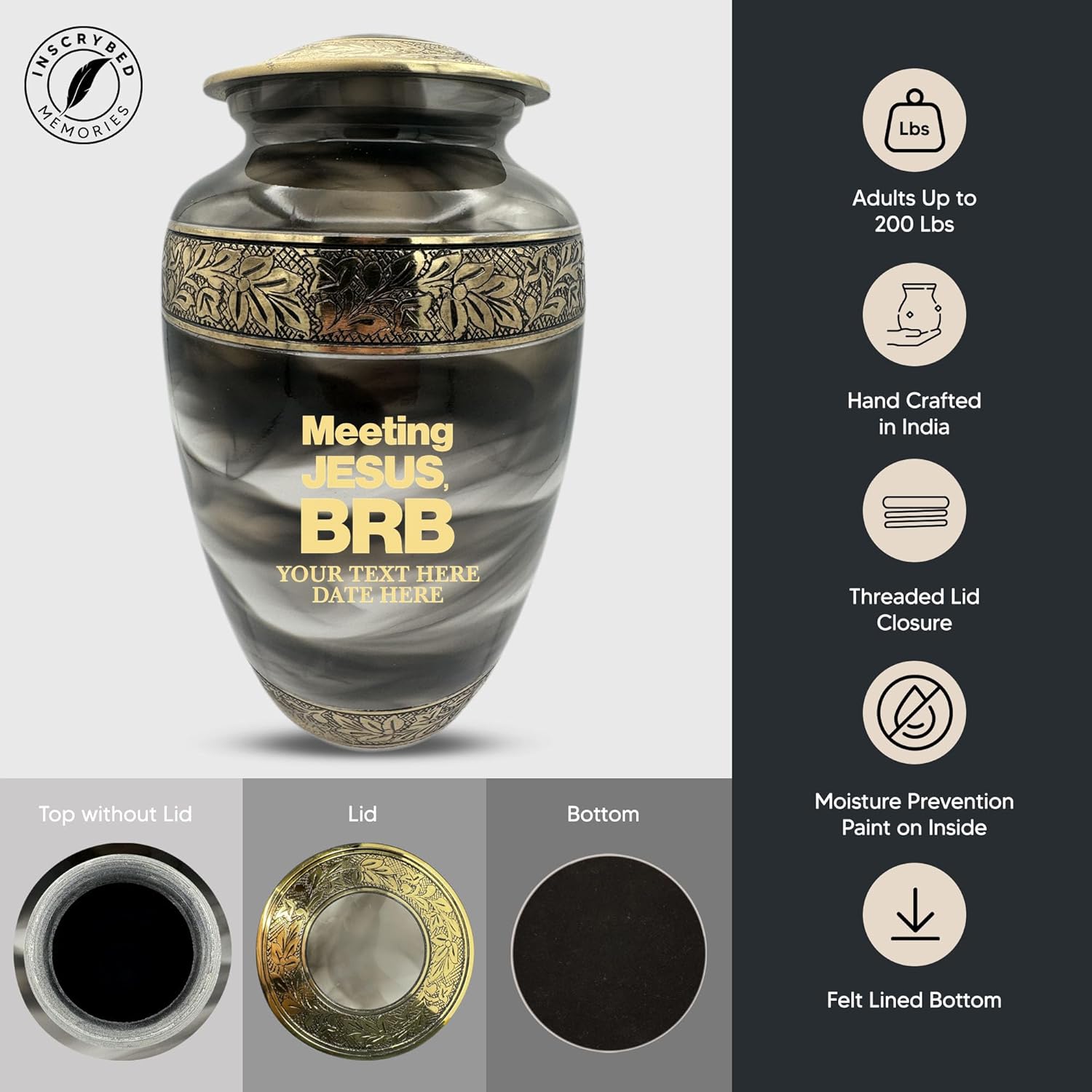 Custom Cremation Urn for Adults - Engraved with Name Dates Humor BRB 2 Design in Gold