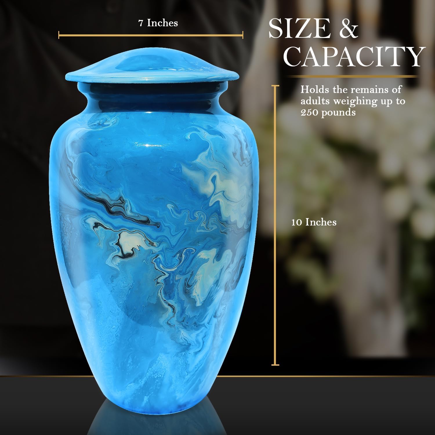 Cremation Urn for Human Ashes - Decorative Blue Marble Aluminum Urn with Velvet Bag