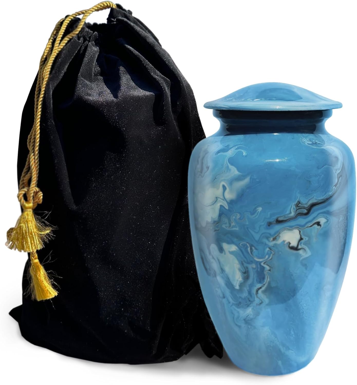Cremation Urn for Human Ashes - Decorative Blue Marble Aluminum Urn with Velvet Bag