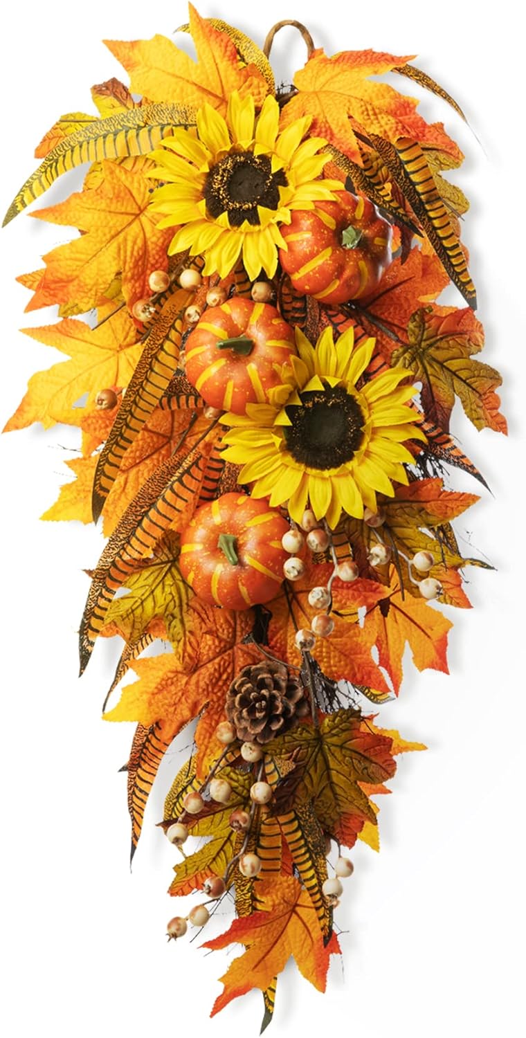 Glitzhome 26 Inch Autumn Sunflower Pumpkin Leaf Swag