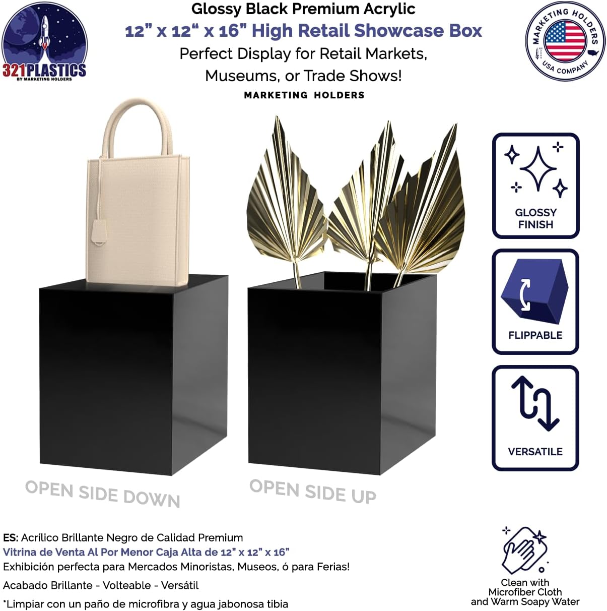 Glossy Black Acrylic Display Box 2 Pack 16 Inch Tall