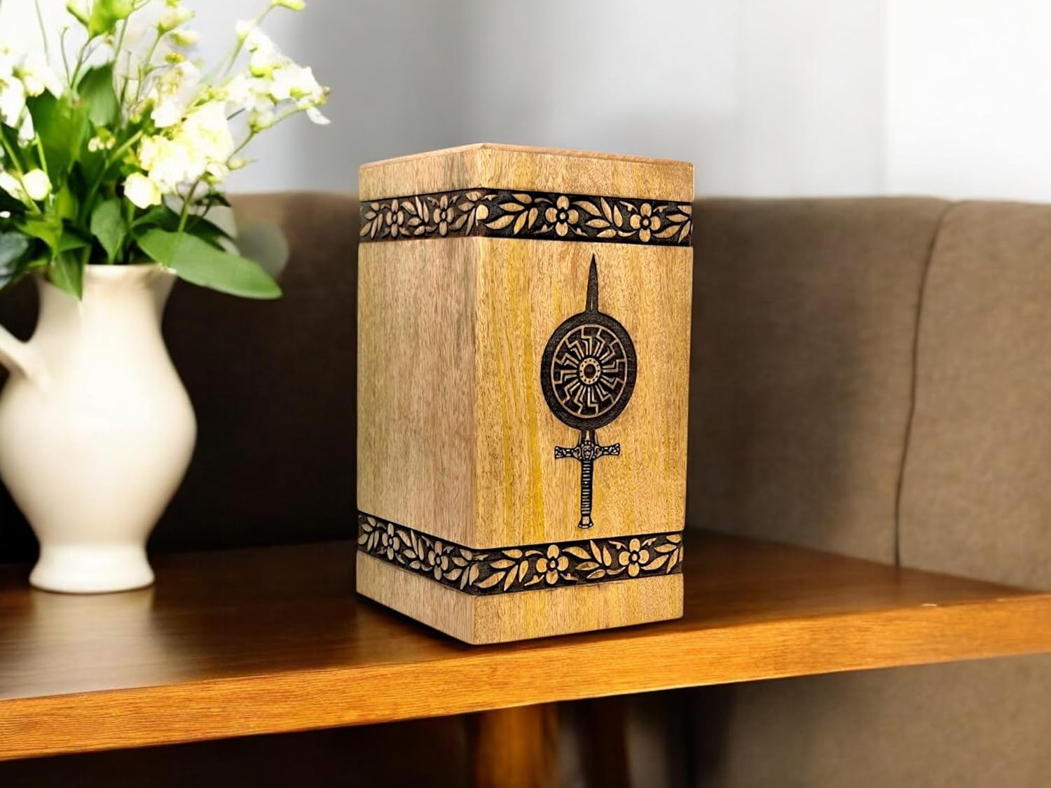 Handcrafted Wooden Cremation Urn with Warrior Engraved Design