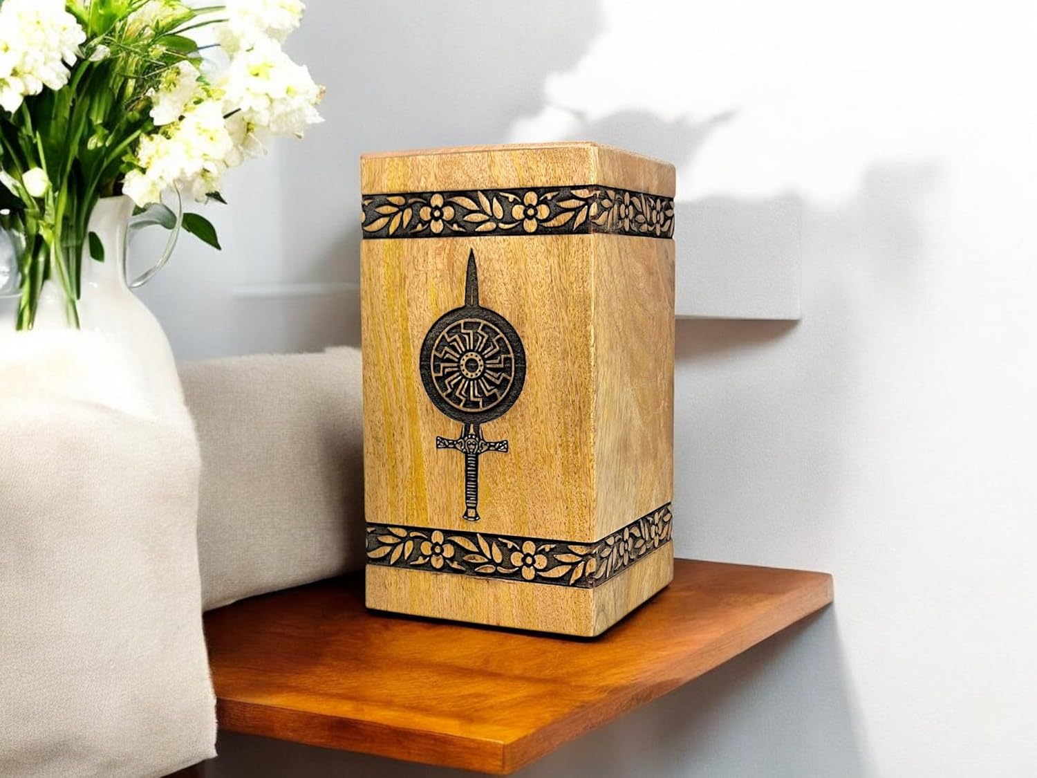 Handcrafted Wooden Cremation Urn with Warrior Engraved Design