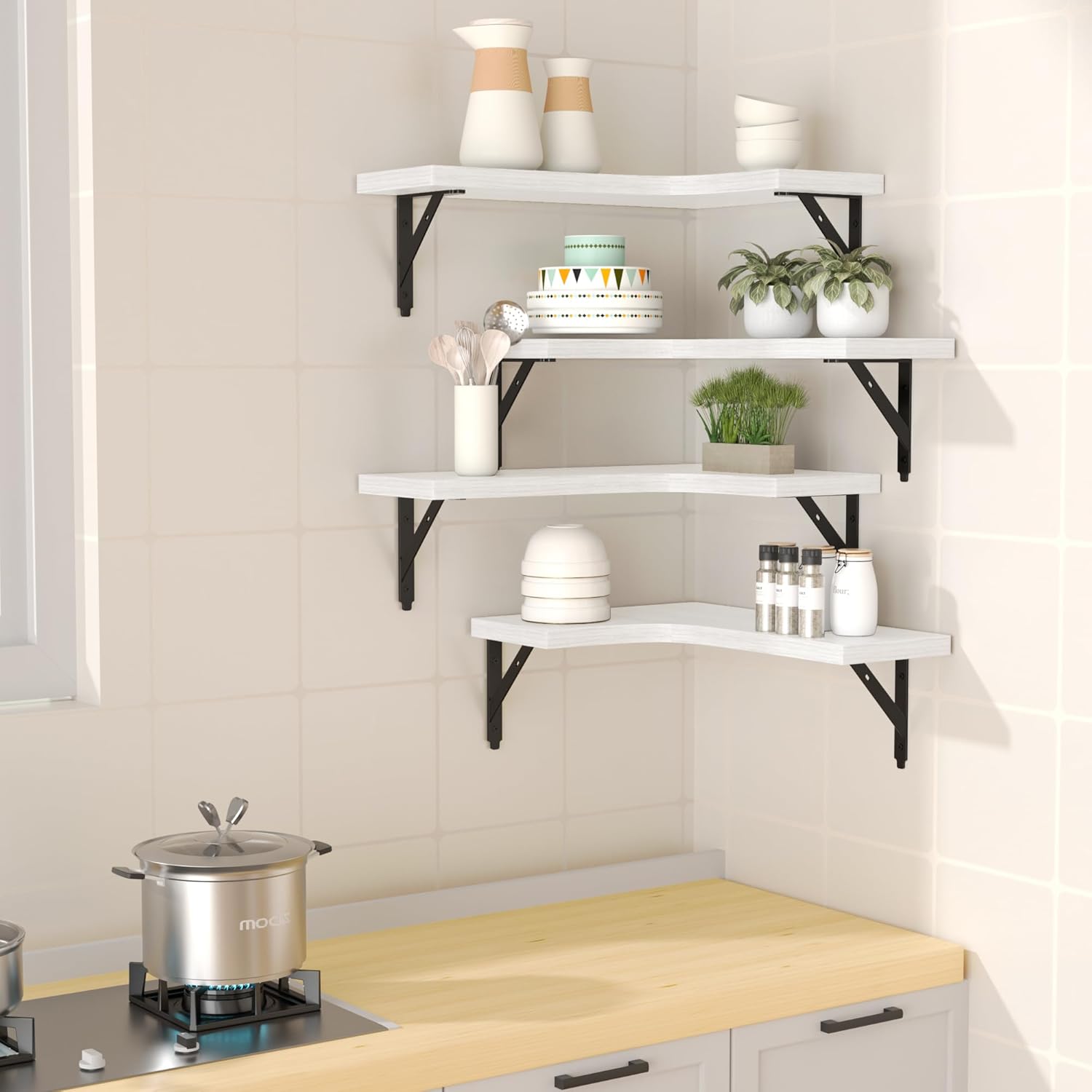 Corner Floating Shelves Set of 4 White Rustic Wood Storage Display Wall Shelves